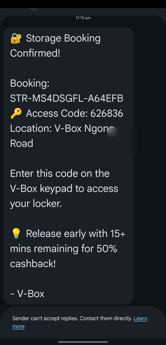 V-Box app — booking confirmed with locker access code